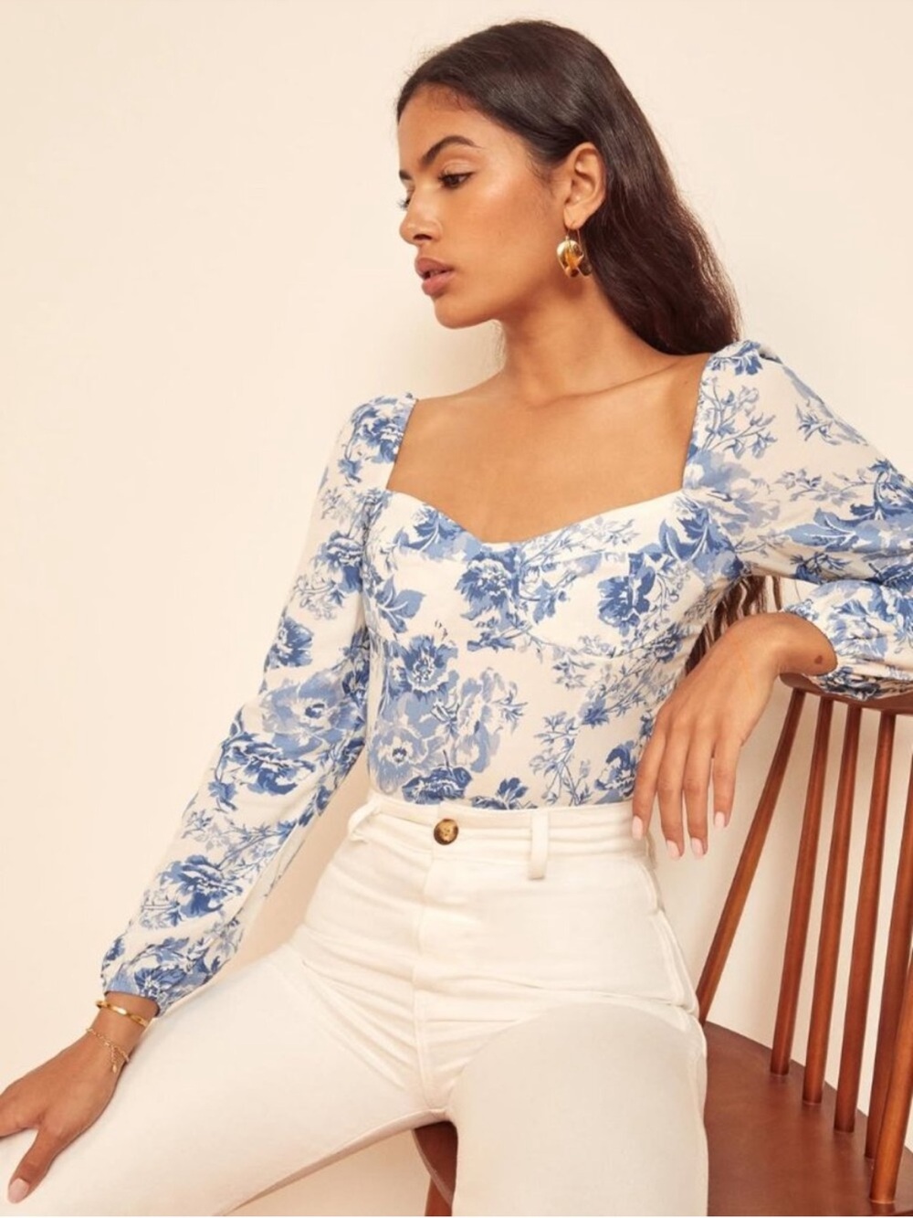 Reformation Reign Top.  Blue Floral Square-Neck Long Sleeve Top